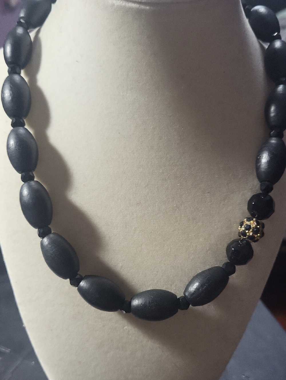 Vintage Black Beaded Necklace with Gold Tone Accent - Women Jewelry
